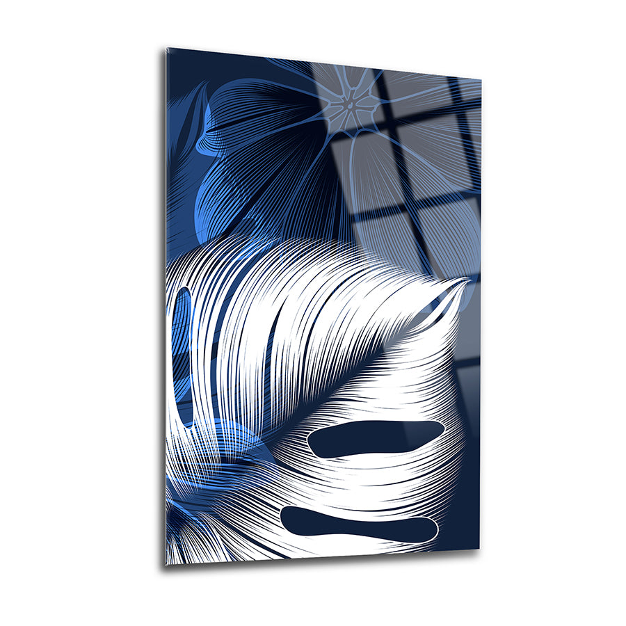 Mavi beyaz yaprak desenli 3'lü set cam tablo, modern ve şık dekorasyon için ideal.