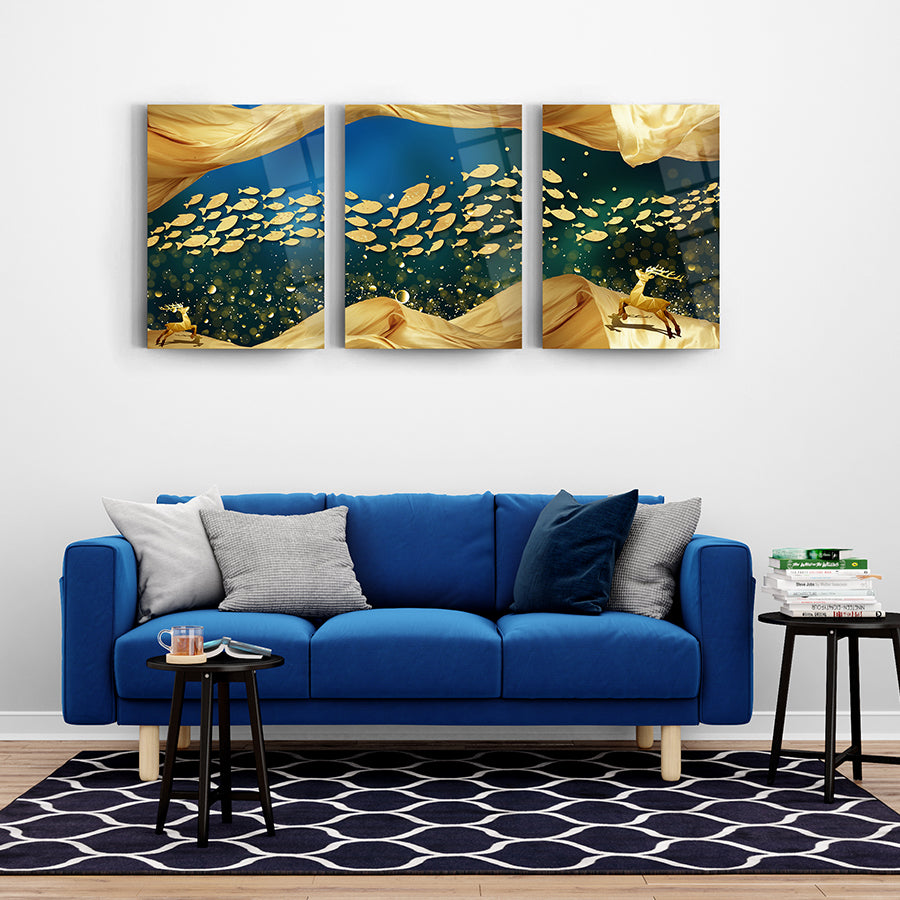 Altın balıklar 3'lü set cam tablo, şık oturma odası dekoru, modern sanat eseri, SRD Concept tasarımı.