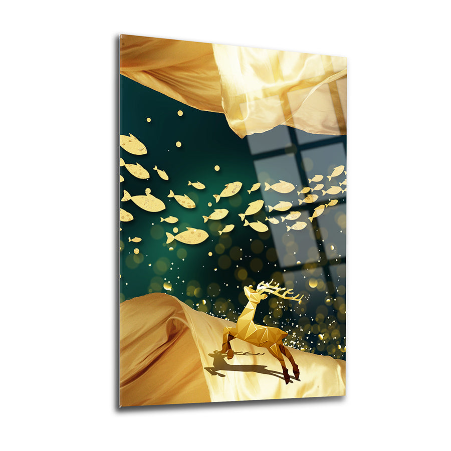 Artistic glass wall art featuring a golden deer among swirling fish in a vibrant underwater scene.