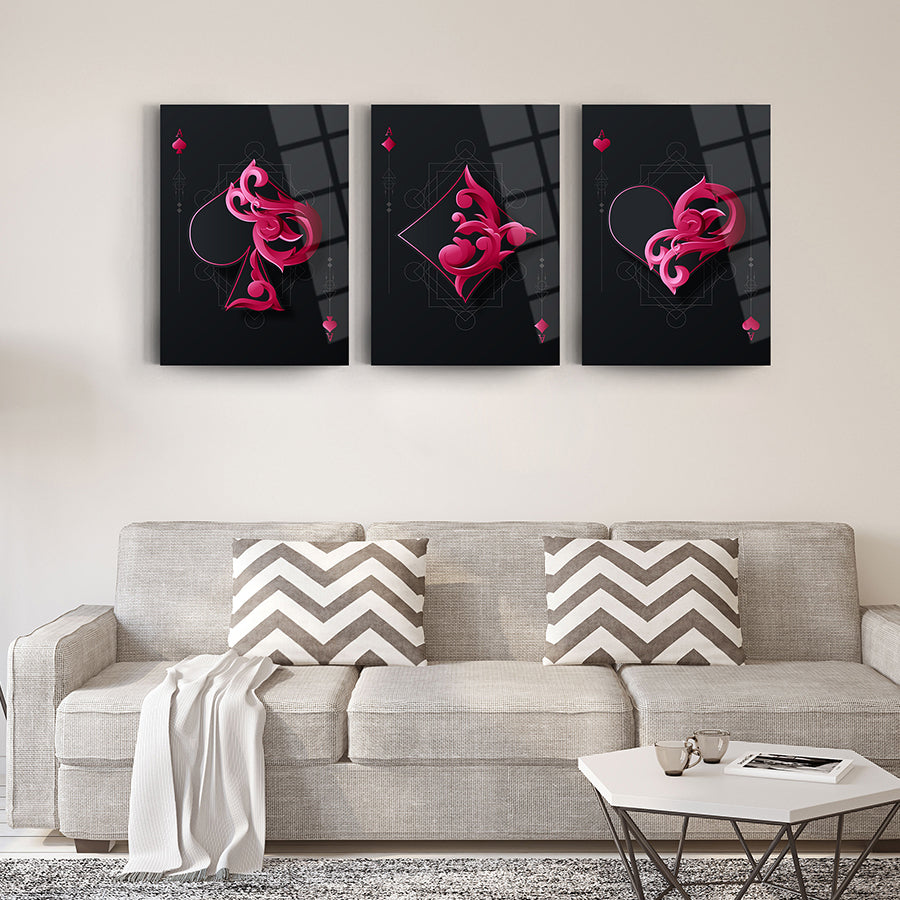 Mor İskambil Kağıtları 3'lü Set Şık Cam Tablo, Modern Dekorasyon için Üst Düzey Tasarım.