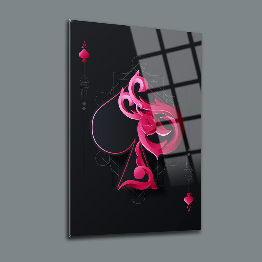 Mor iskambil kağıtları tablosu, zarif ve modern tasarım, cam yüzeyde UV baskı, iç mekan dekoru için ideal.