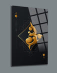 Elegant black glass artwork featuring a golden ornate design with geometric elements.