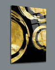 Elegant gold and black abstract design on a tempered glass wall art piece by SRD Concept.