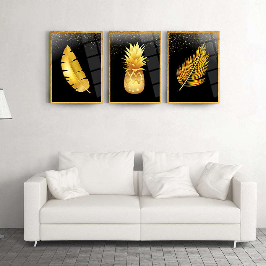 Altın Bitkiler 3'lü Set Cam Tablo, modern oturma odası dekorasyonu için şık sanat eserleri.