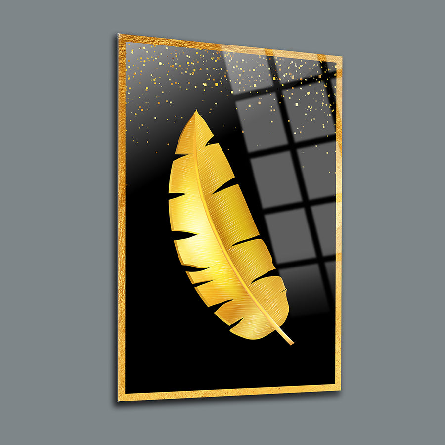Altın yaprak desenli şık cam tablo, modern dekorasyon için mükemmel. UV baskı ile özel tasarım.