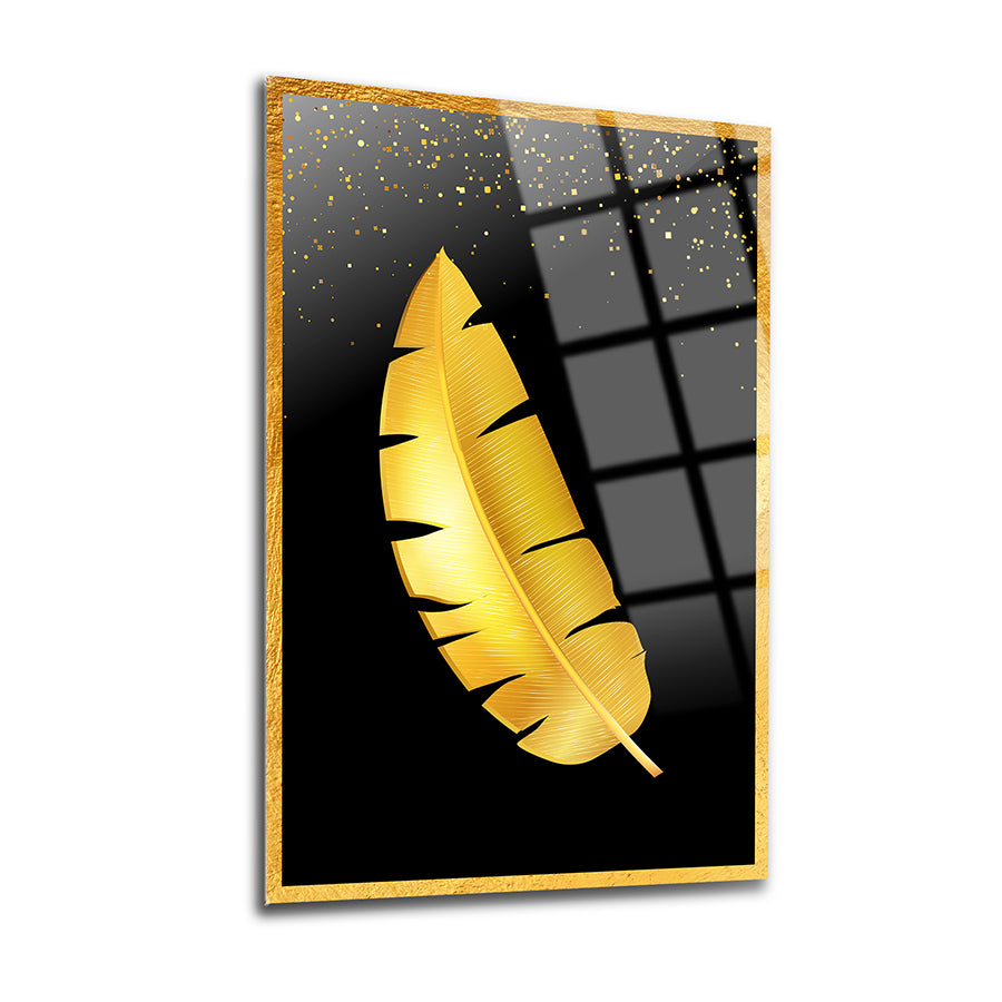 Gold feather decorative glass wall art on a black background with golden accents, elegant home decor.