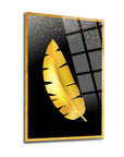 Gold feather decorative glass wall art on a black background with golden accents, elegant home decor.