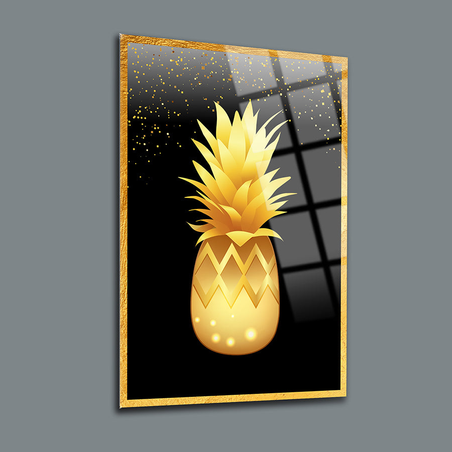 Üçlü set cam tablo, altın ananas tasarımı, modern dekorasyon için şık duvar sanatı.