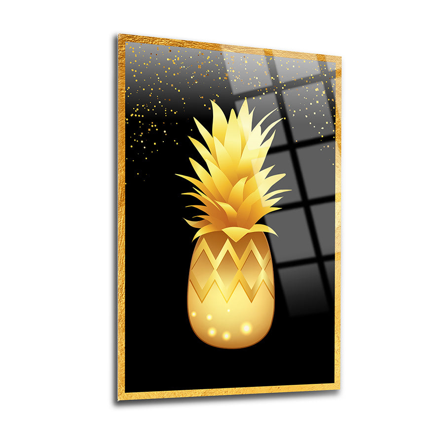 Altın ananas desenli modern cam tablo, şık ve zarif iç mekan dekorasyonu için ideal.