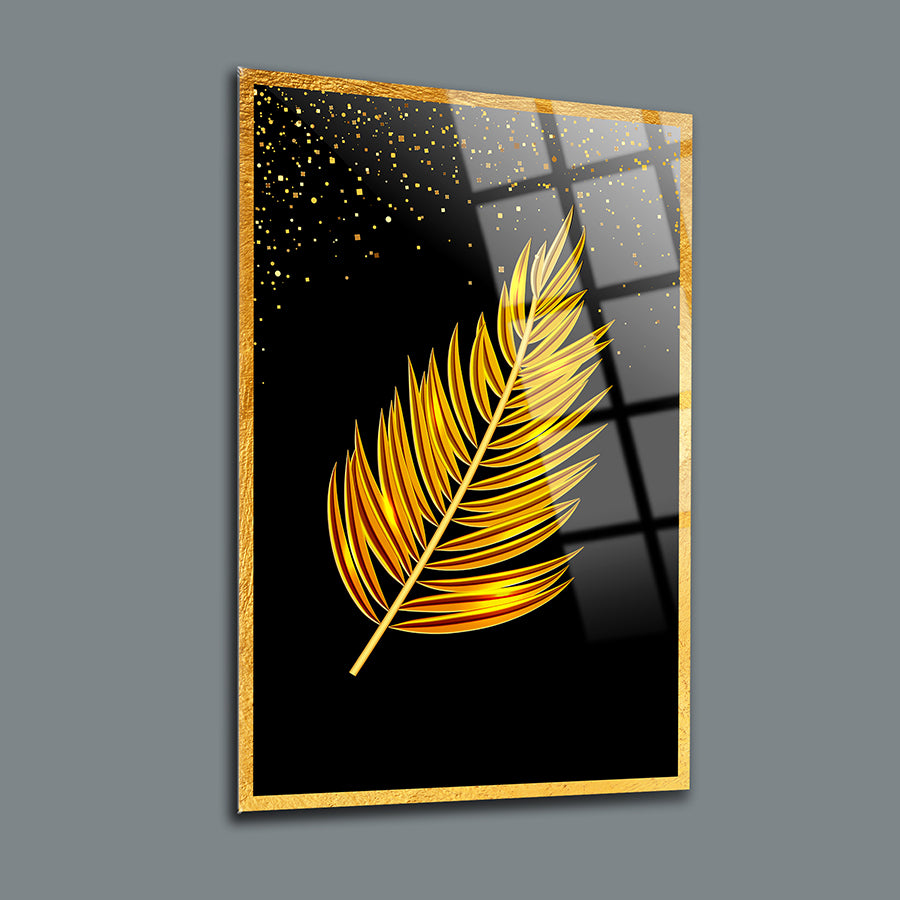 Altın yaprak deseni ile şık cam tablo, modern tasarım, siyah arka plan, lüks iç mekan dekoru.