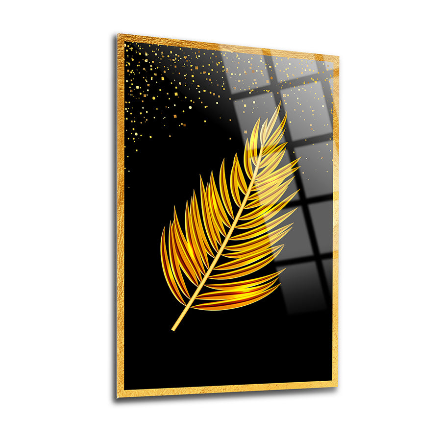 Altın yaprak motifli cam tablo, şık tasarım ve UV baskı ile zarif bir dekorasyon ürünü.
