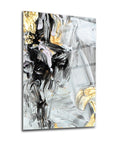 Modern abstract art with black, white, and gold colors on a glass surface, perfect for home decor.