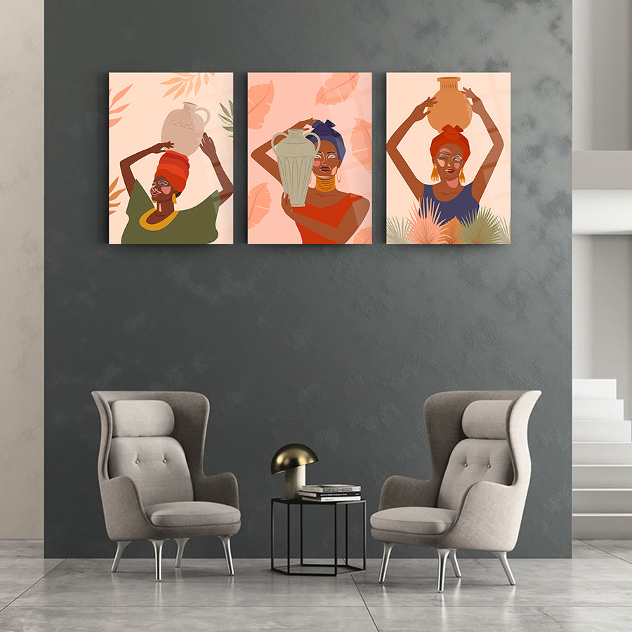 Afrikalı Kadın-3 3'lü Set Cam Tablo, modern dekoratif sanat, sıcak renkler, şık iç mekan tasarımı.