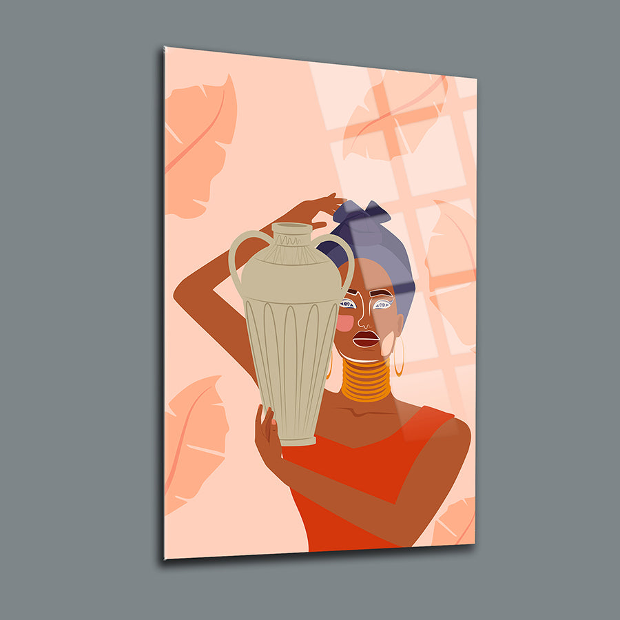 Artwork of an African woman holding an elegant vase, featuring vibrant colors and a modern design.
