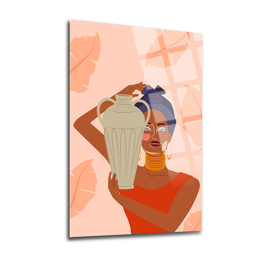 Afrikalı kadın figürü, dekoratif cam tablo, modern sanat, sıcak renklerle tasarlanmış.