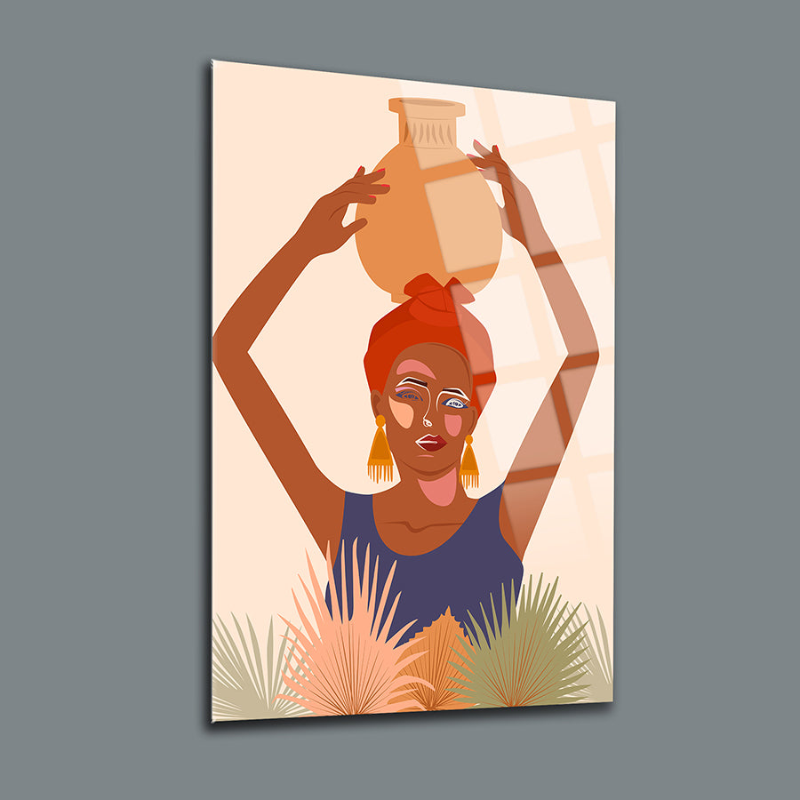 Afrikalı kadın figürü ile 3'lü set cam tablo, modern sanat tasarımı, şık ev dekorasyonu için ideal.