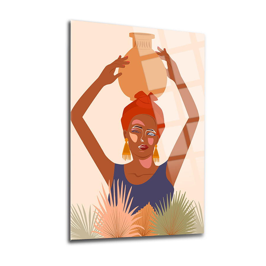 Afrikalı kadın tablosu, çömleği başında tutuyor, modern dekorasyon için ideal, SRD Concept özel tasarım.