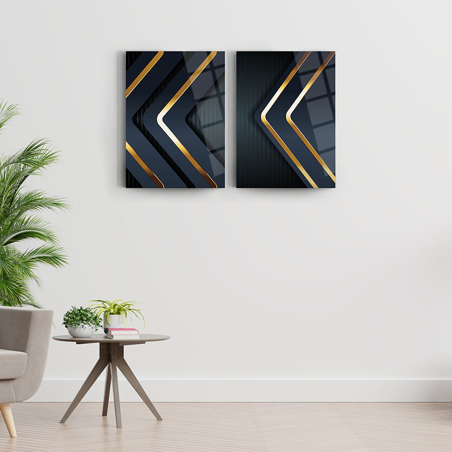 SRD concept Altın Oklar 2'li set cam tablo, modern dekorasyon için şık tasarım. Kaliteli, dayanıklı UV baskı.