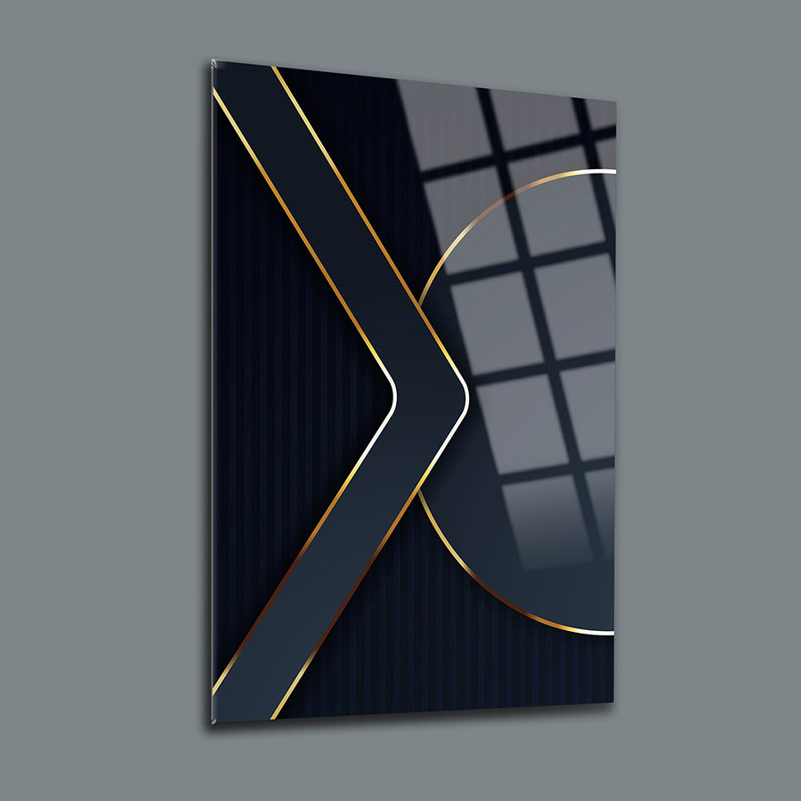 Modern black glass wall art with golden accents, showcasing a sleek geometric design.