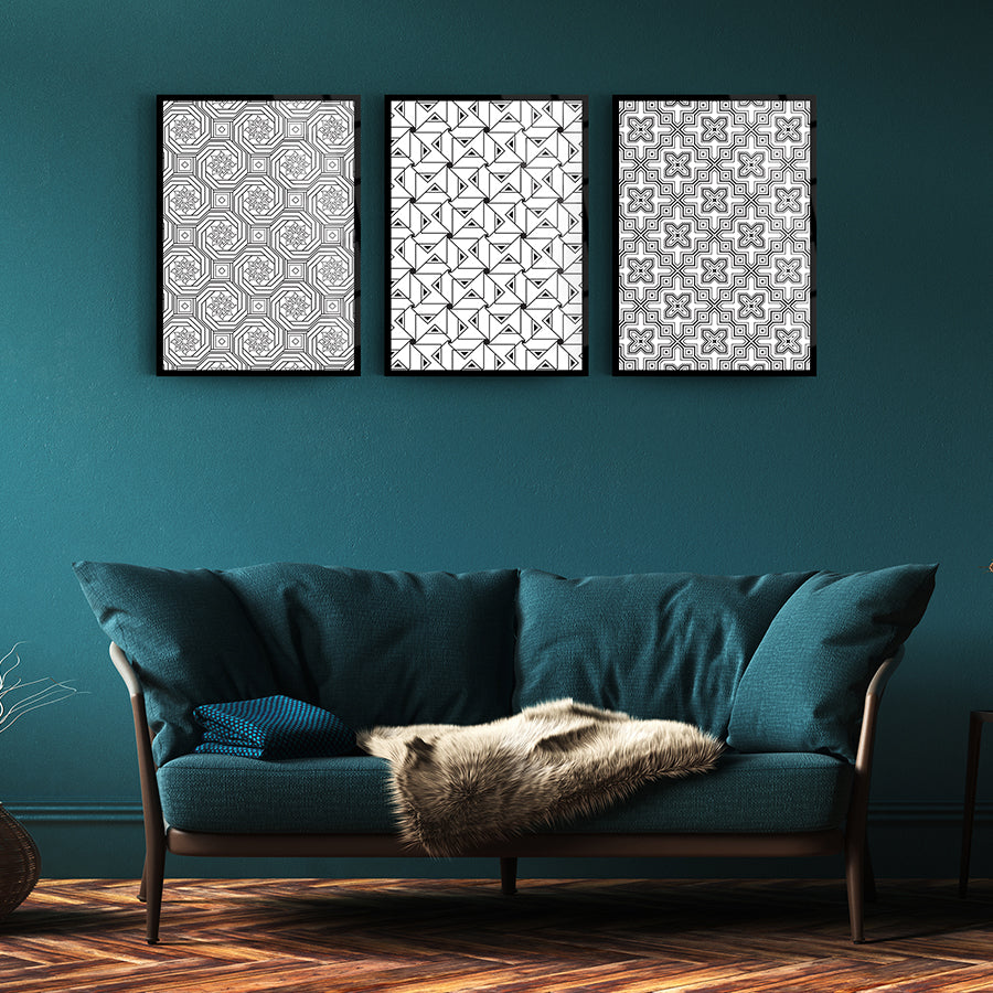 Geometrik Desen-13 3'lü Set Cam Tablo, modern iç mekan tasarımı için şık duvar dekoru.