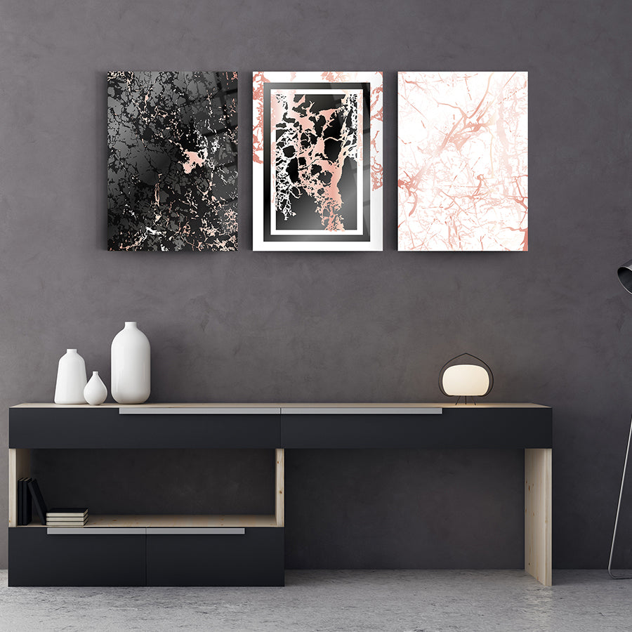 Stylish Mermer Desen 3'lü Set Cam Tablo displayed on a modern wall with a sleek black cabinet.
