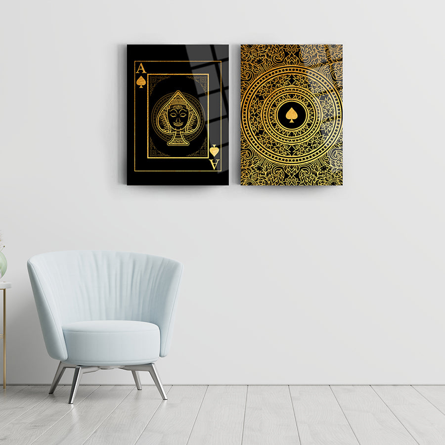Gold patterned glass wall art set featuring card designs, enhancing modern decor and stylish interiors.