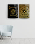 Gold patterned glass wall art set featuring card designs, enhancing modern decor and stylish interiors.