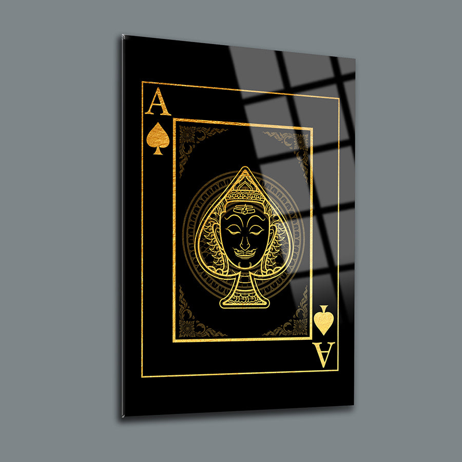 Gold Ace of Spades playing card illustration on a black glass panel, showcasing unique artistic design.