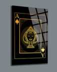 Gold Ace of Spades playing card illustration on a black glass panel, showcasing unique artistic design.