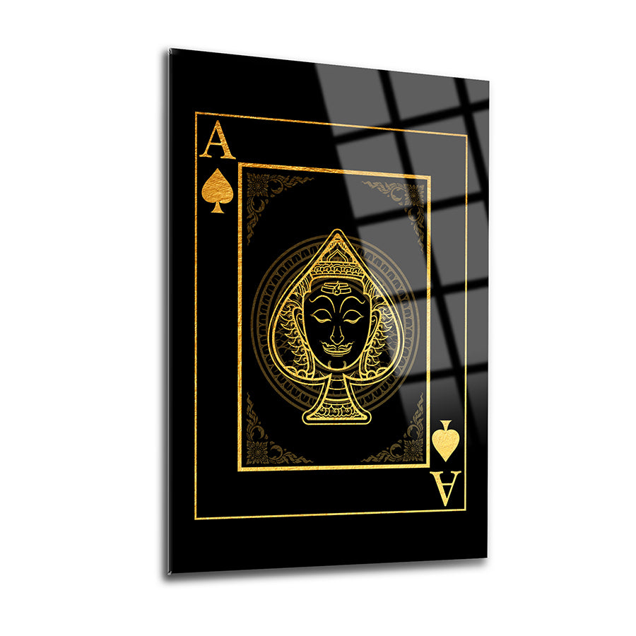 Gold decorative glass wall art featuring Ace of Spades design on a black background.