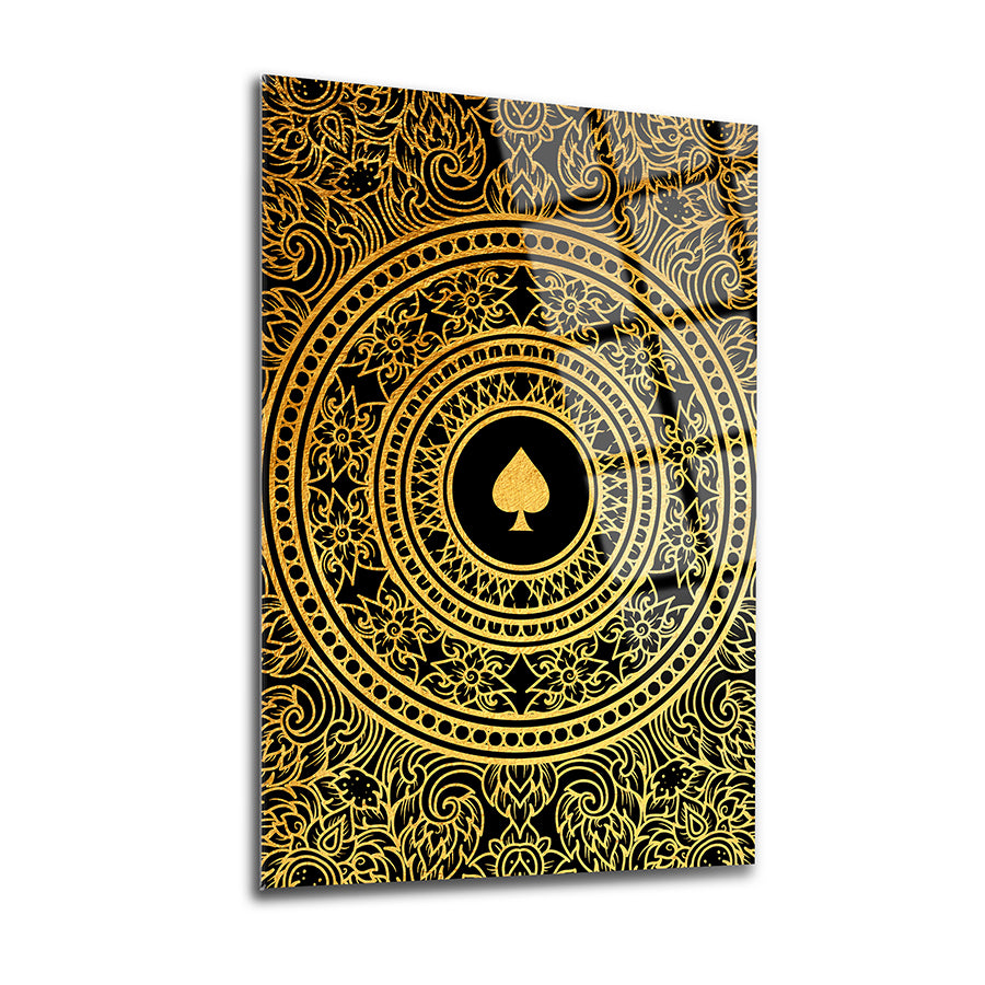 Altın Aslar 2'li Set Cam Tablo with intricate gold pattern and spade design on black background.