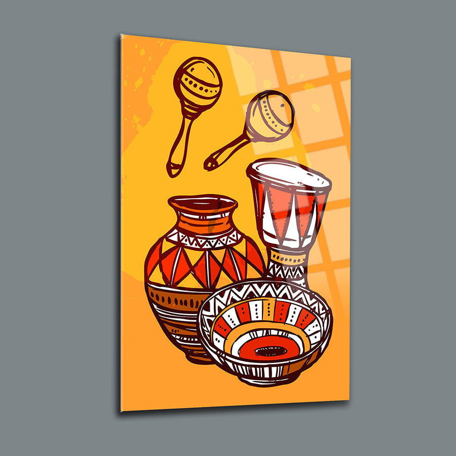 Afrika Hayatı 3'lü Set Cam Tablo, renkli müzik aletleri ve geleneksel çömlekler ile tasarlanmış modern sanat eseri.