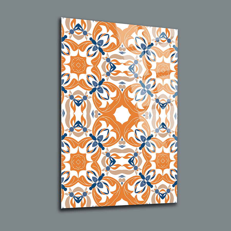 Colorful ceramic patterned glass wall art set featuring orange and blue designs.