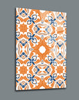 Colorful ceramic patterned glass wall art set featuring orange and blue designs.