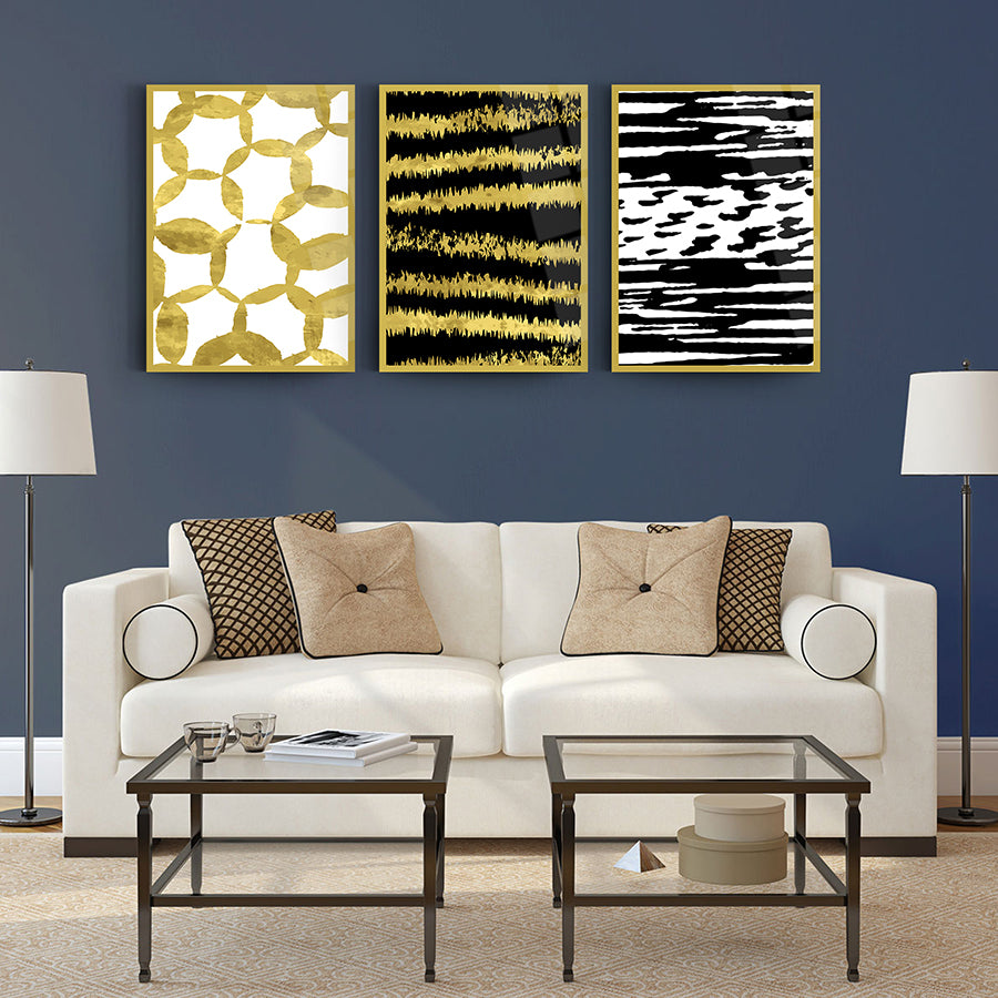 Altın Dalgalar 3'lü Set Cam Tablo, modern dekorasyon için şık ve zarif tasarım.