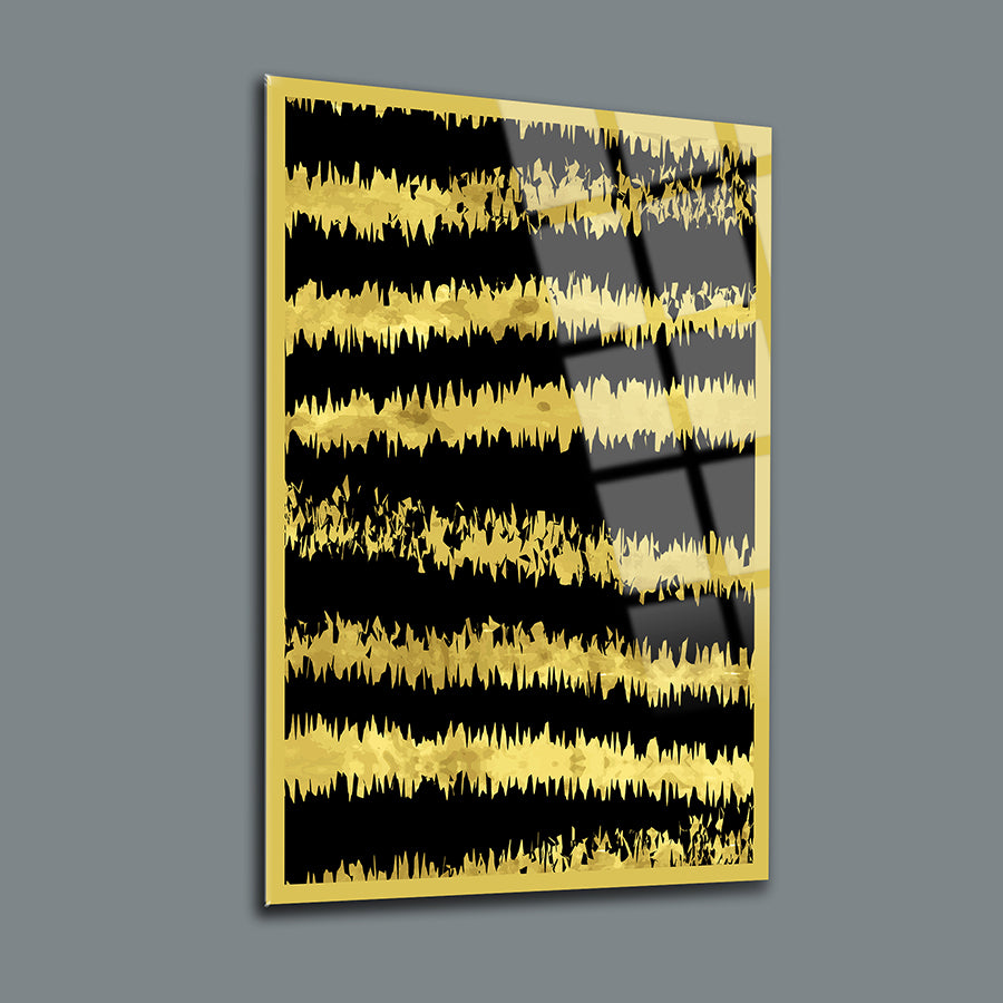 Altın Dalgalar 3'lü Set Cam Tablo, modern tasarım, siyah ve altın renkli, yüksek kaliteli UV baskı ile yapılmış.
