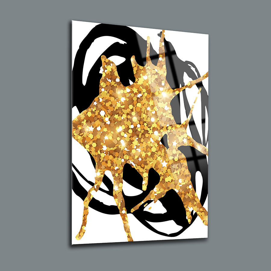 Gold and black contemporary art glass panel featuring a sparkling abstract design.