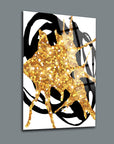 Gold and black contemporary art glass panel featuring a sparkling abstract design.
