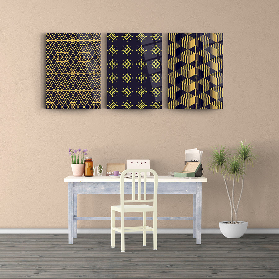 Geometrik Desen-1 3'lü set cam tablo, modern ofis dekorasyonu için şık tasarım.