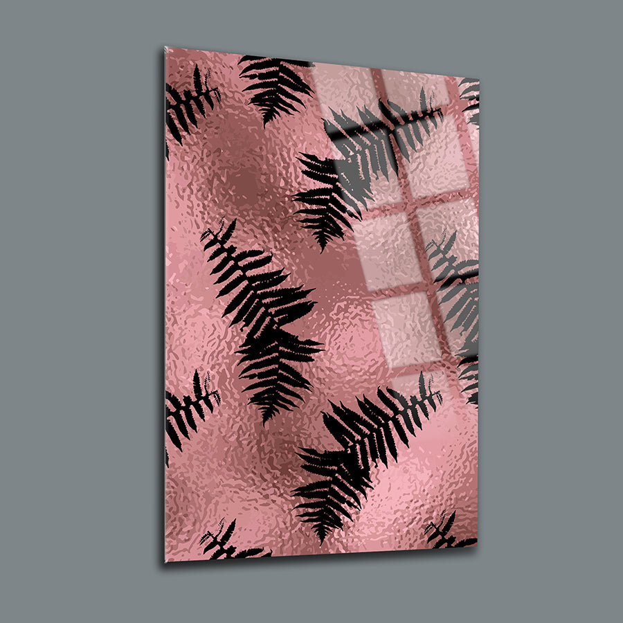 Artistic glass wall decor featuring fern patterns on a pink background, perfect for modern interiors.