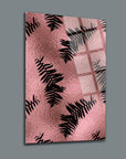 Artistic glass wall decor featuring fern patterns on a pink background, perfect for modern interiors.