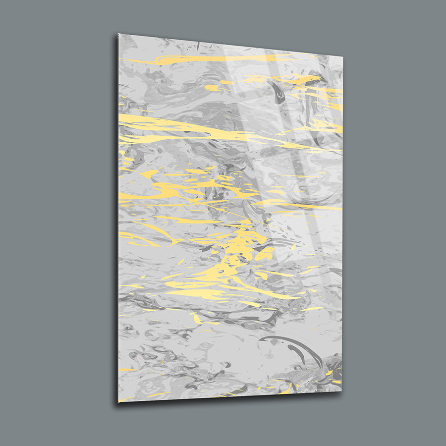 Mermer Desen-1 3'lü Set Cam Tablo, modern grafik tasarım, gri ve sarı renkli sanat eseri.