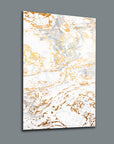 Elegant marble pattern glass art with gold and white swirls, perfect for modern home decor.