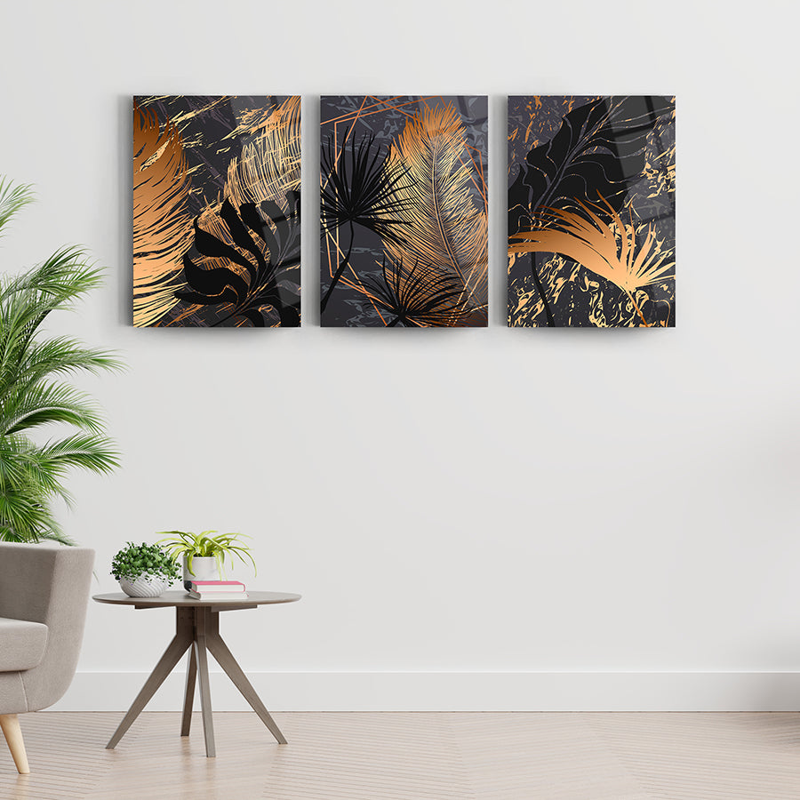 Kahve Yapraklar 3'lü Set Cam Tablo, modern tasarım, şık dekoratif duvar sanatı.