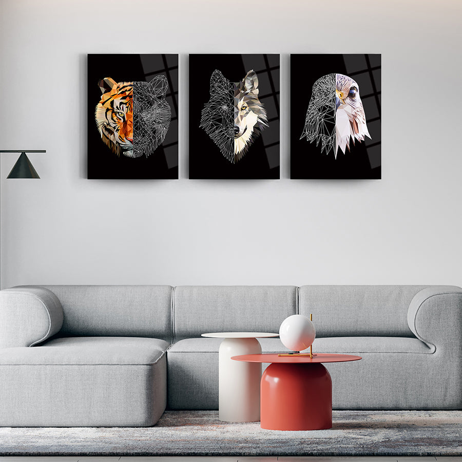 Kaplan-Kurt-Kartal 3'lü Set Cam Tablo; modern tasarımla ev dekorasyonu için ideal.