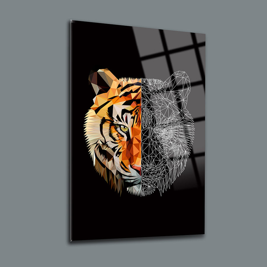 Modern tiger art print featuring a geometric design and vibrant colors on a sleek glass surface.