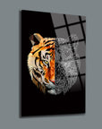 Modern tiger art print featuring a geometric design and vibrant colors on a sleek glass surface.