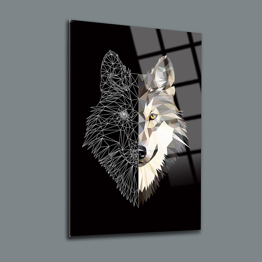 Abstract geometric wolf art design on glass panel, showcasing a modern and artistic interpretation.