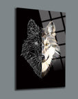 Abstract geometric wolf art design on glass panel, showcasing a modern and artistic interpretation.
