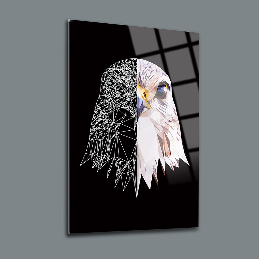 Modern geometric eagle art print on glass, showcasing sharp lines and vibrant colors for contemporary decor.